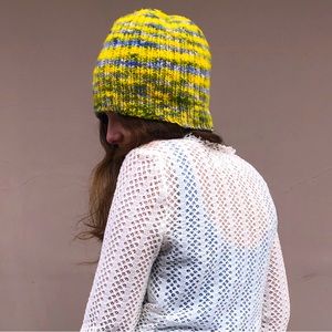 Hand-Made Yellow, Lavender & Green Beenie. One Size.